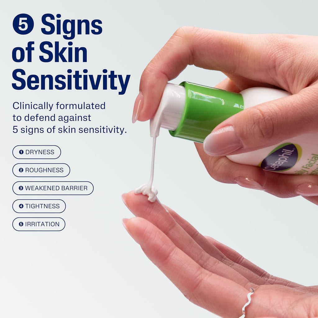 Hand holding a green bottle with white cream, demonstrating skincare product application.