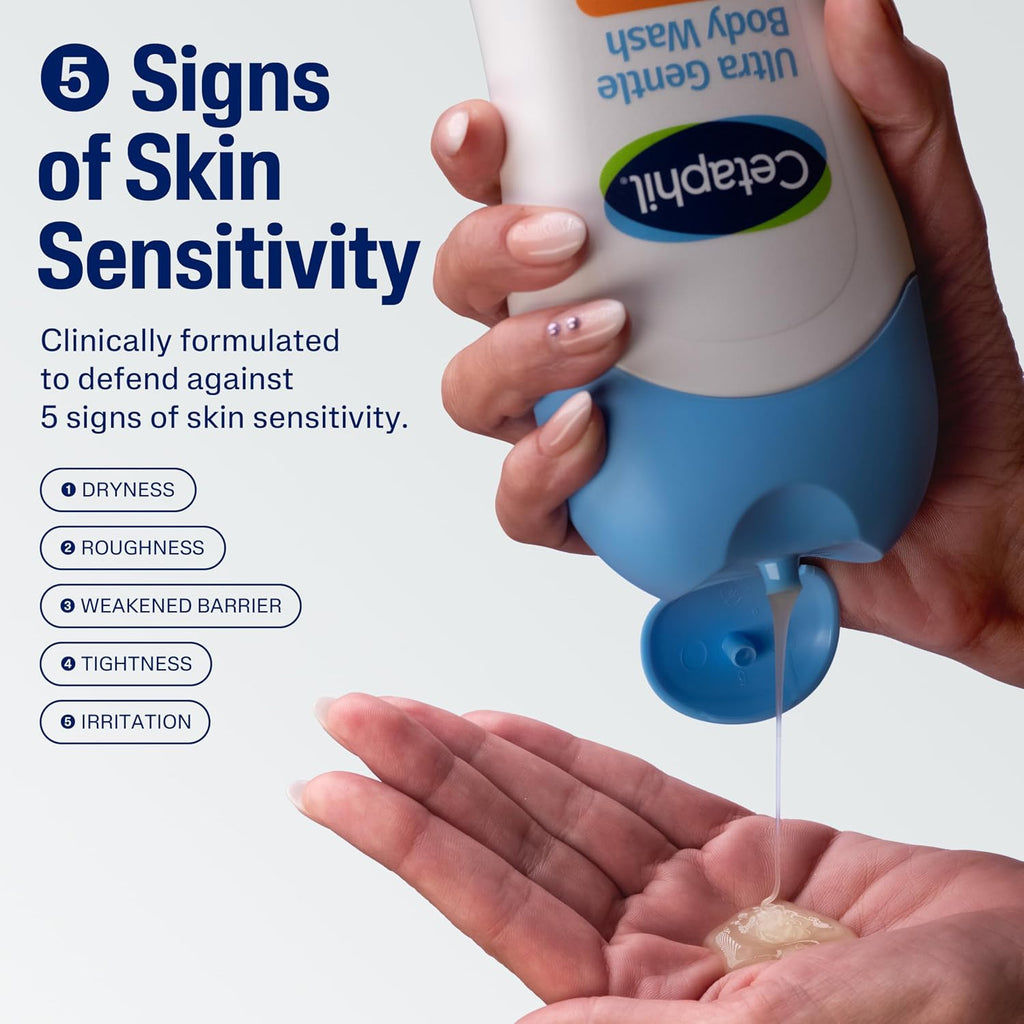 Cetaphil body wash being dispensed into a hand with text about skin sensitivity.