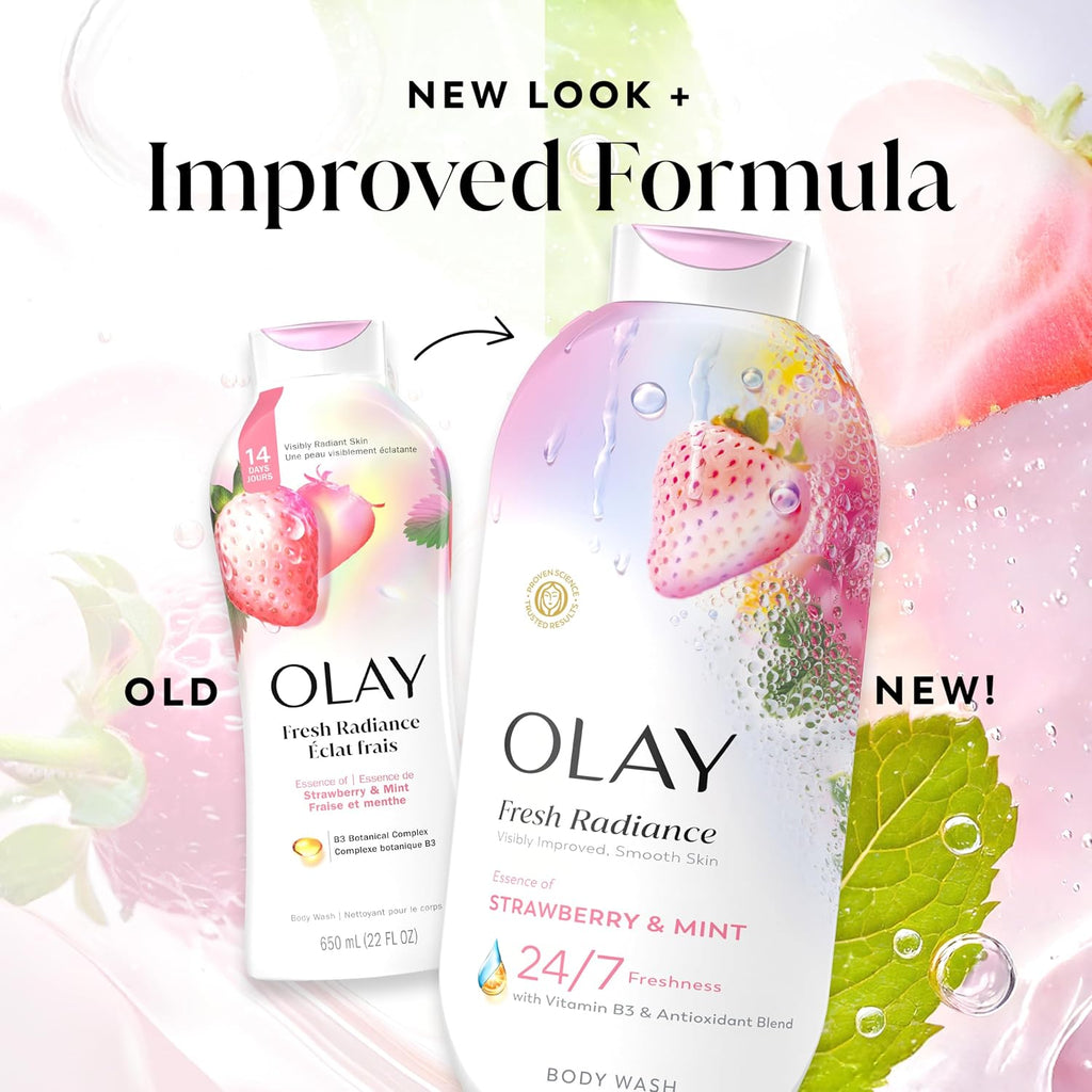 Two bottles of Olay Fresh Radiance Body Wash are shown on a white background with strawberry and mint graphics and the text 'NEW LOOK + Improved Formula'. The left bottle is labeled 'OLD' and the right bottle is labeled 'NEW!'.