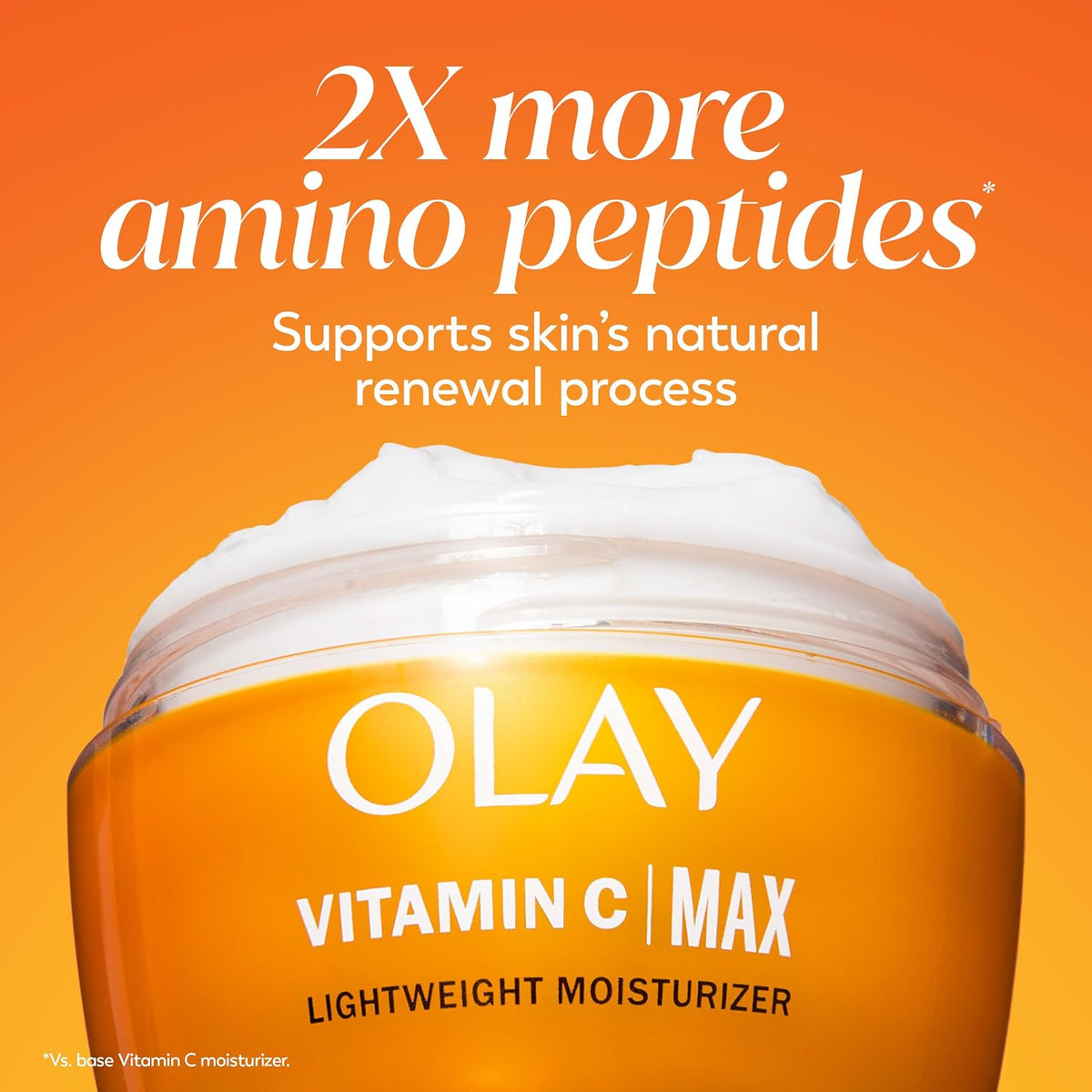 Olay Vitamin C Max moisturizer jar with text on an orange background