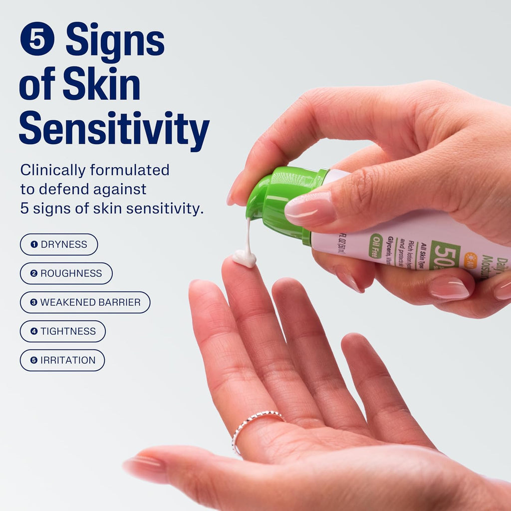 Person applying a skincare product to their hand with text about skin sensitivity and product features.