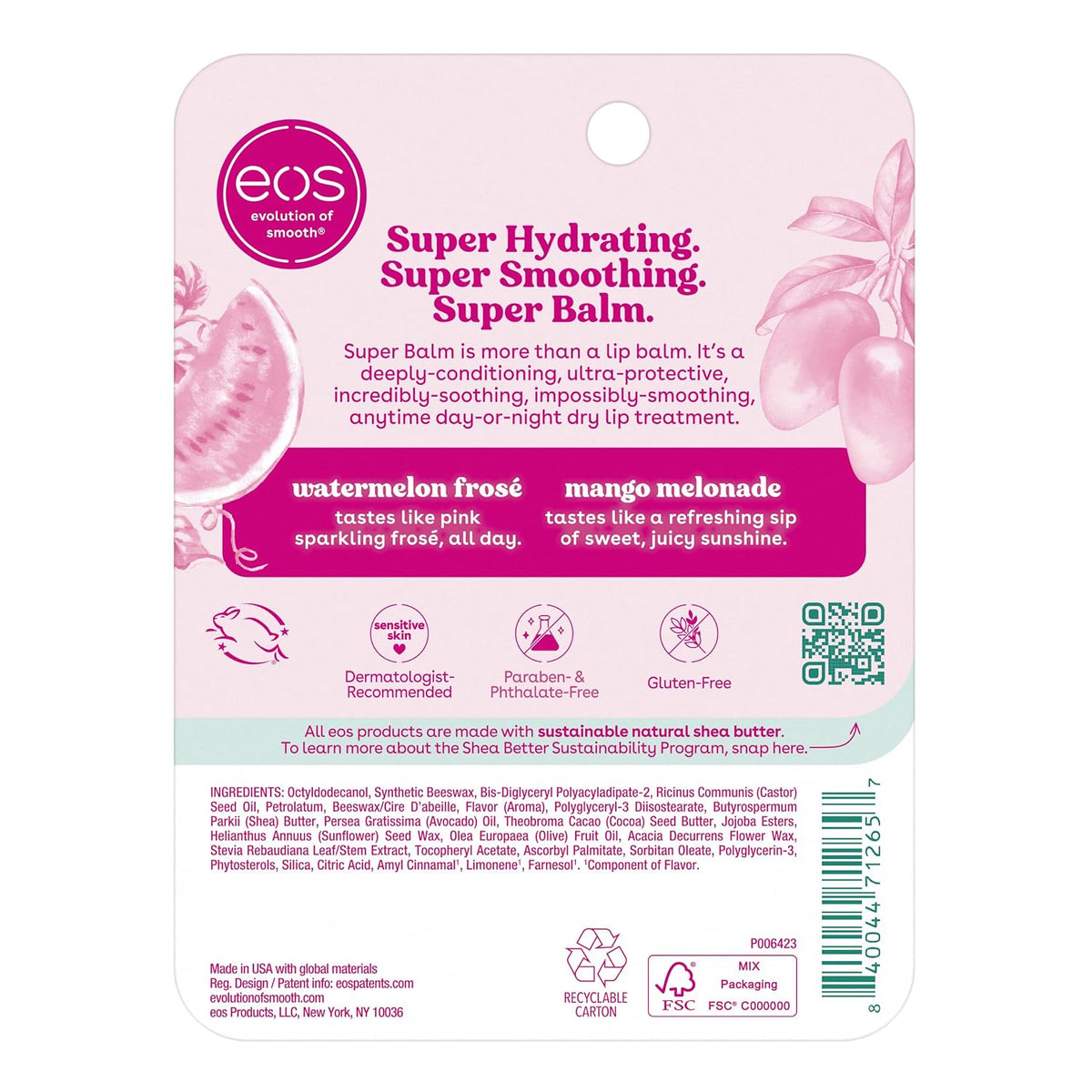 The back of a pink and white box for EOS Super Hydrating Super Balm lip treatment, showing product details, ingredients, and a QR code.