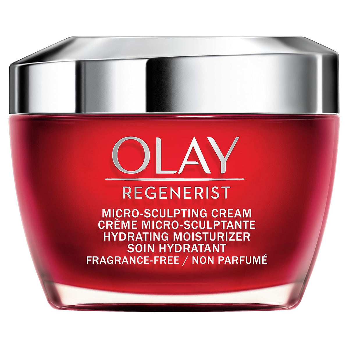 Red jar of Olay Regenerist micro-sculpting cream with silver lid on a white background