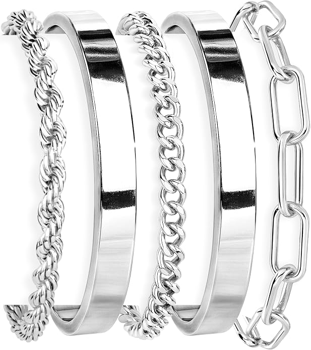 Three silver bracelets with different chain designs on a white background