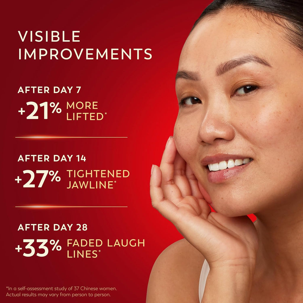 Advertisement showing a woman's face with visible improvements after using a skincare product, including text on a red background.
