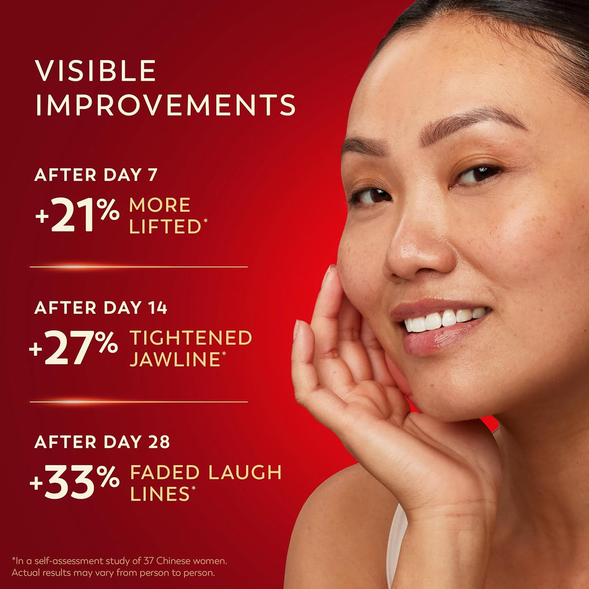 Advertisement showing a woman's face with visible improvements after using a skincare product, including text on a red background.