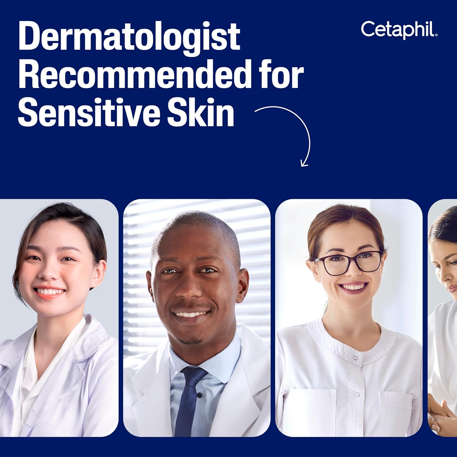 Promotional image for Cetaphil dermatologist recommended for sensitive skin with four doctors displayed.