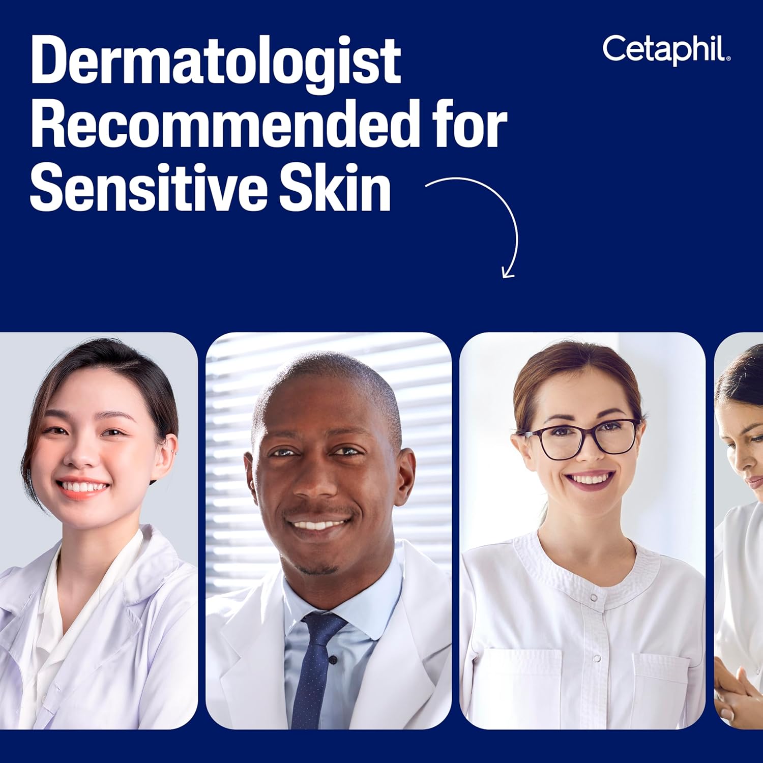 Promotional image for Cetaphil dermatologist recommended for sensitive skin with four doctors displayed.
