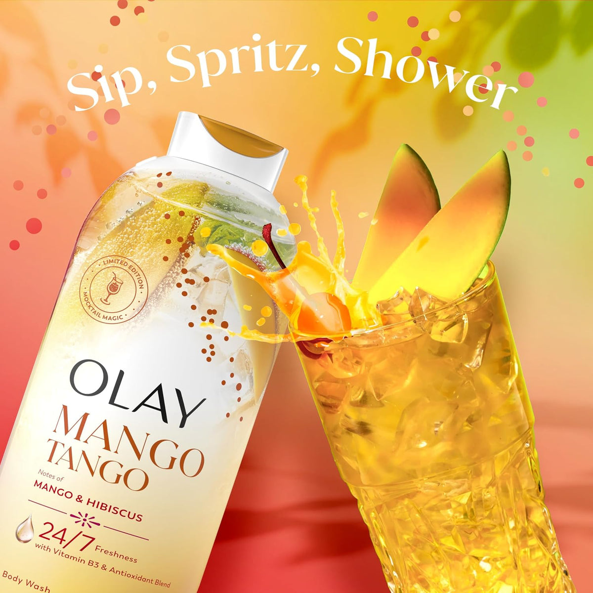 Olay Mango Tango body wash bottle with a mango-themed drink on a colorful background