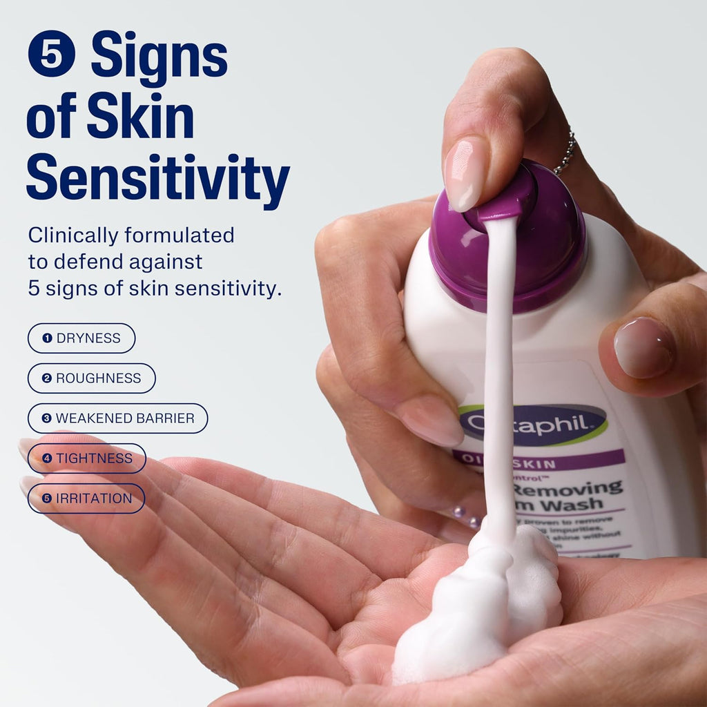 Cetaphil product being dispensed with text about skin sensitivity signs.
