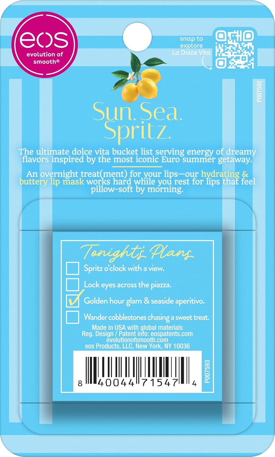 La Dolce Vita EOS Sun Sea Spritz lip mask in its original blue blister card packaging, featuring the 'Tonight's Plans' flavor description and product details.