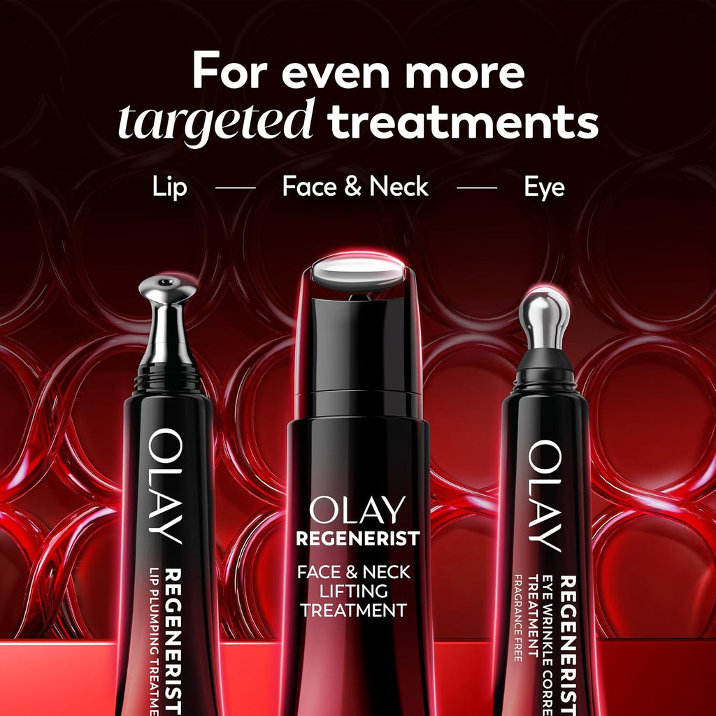 Olay Regenerist skincare treatments on a red and black background
