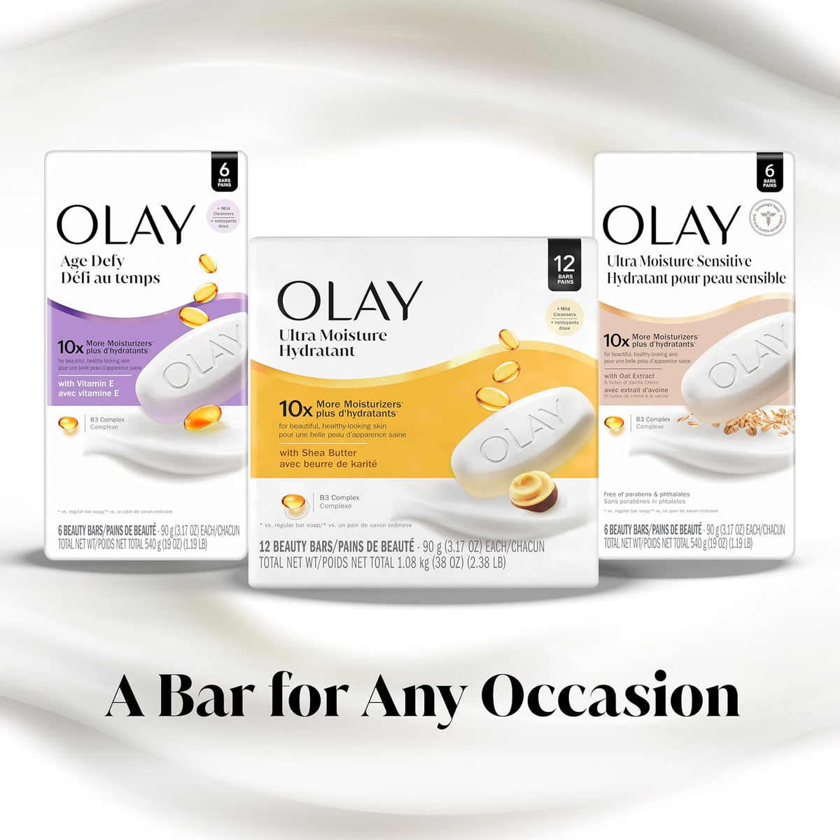 Three Olay soap bar packages on a white background with text 'A Bar for Any Occasion'.