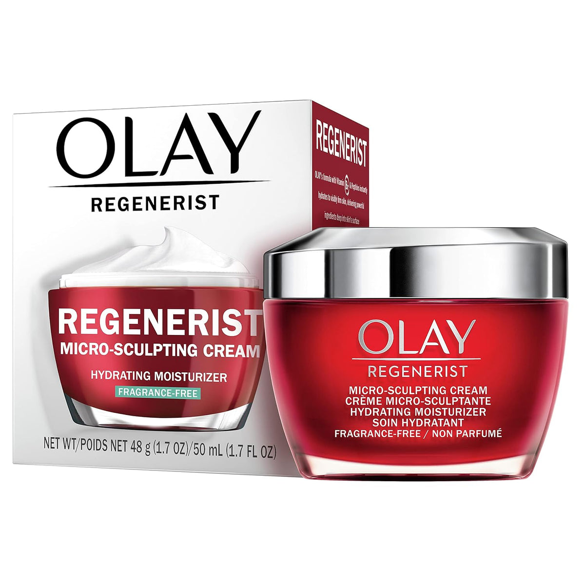Olay Regenerist cream jar and packaging on a white background