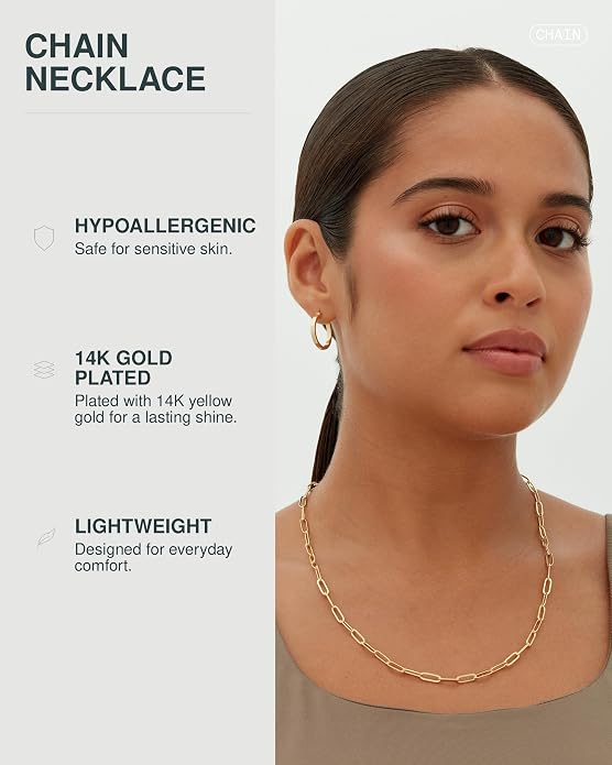 PAVOI - Womens 14K Gold Plated ‚Äì Yellow Gold Paperclip Chain Adjustable Necklace
