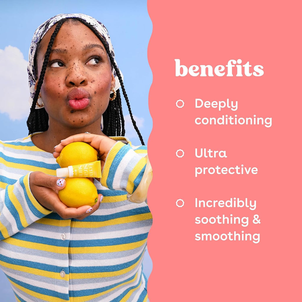 Person holding a yellow product with text listing benefits on a pink background