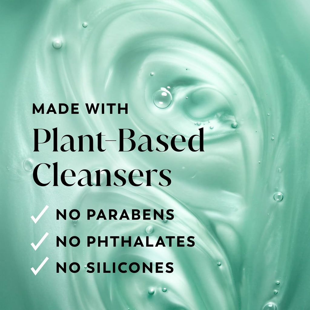 A mint green graphic with a swirled liquid texture and text reading 'MADE WITH Plant-Based Cleansers' plus check marks for no parabens, no phthalates, and no silicones.