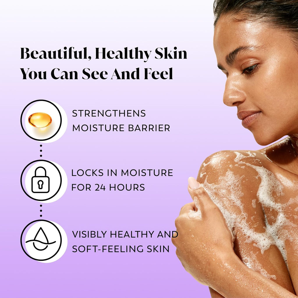 Woman with moisturized skin on a purple background with text about skincare benefits.