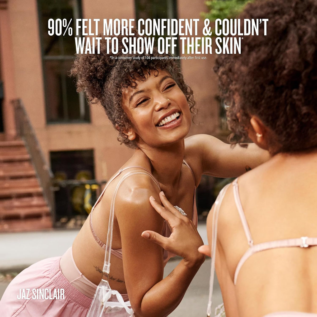 Two women outdoors, one applying sunscreen to the other with text about confidence and skin care.