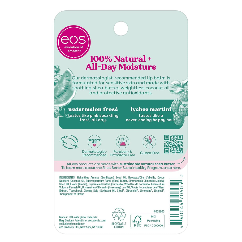 The back of an EOS Protection of Skin by EOS balm tube for watermelon froçe and lychee martini, showing product details, ingredients, and barcodes on a white background.