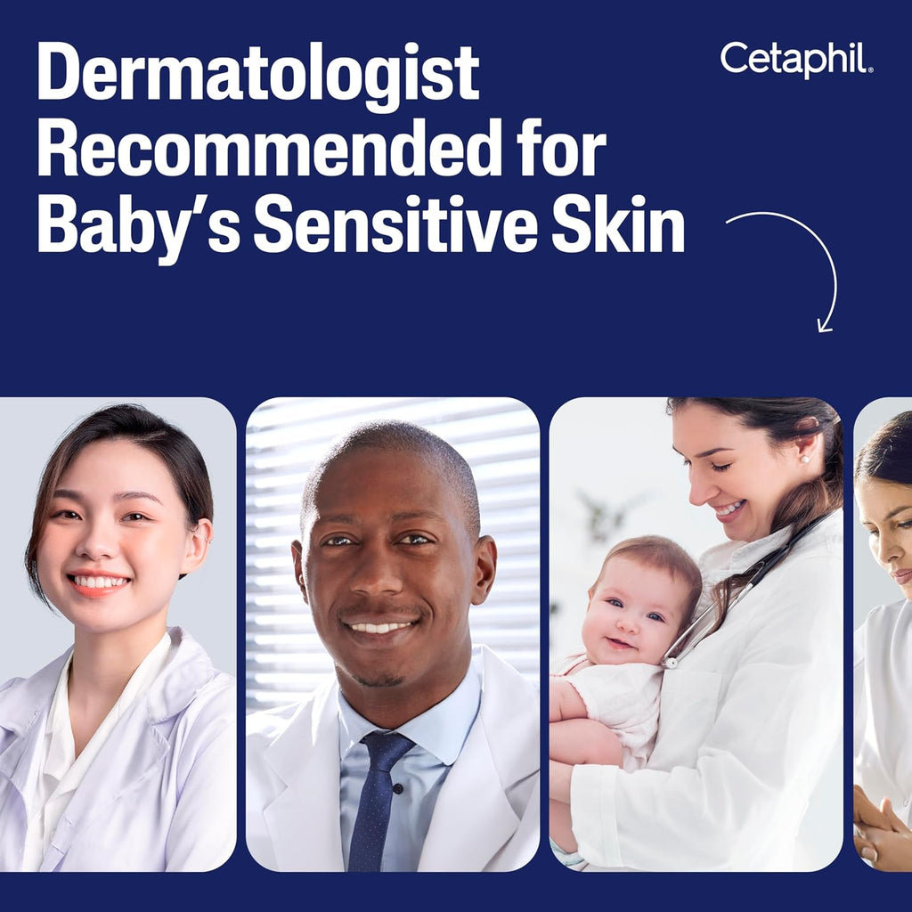Promotional image for dermatologist recommended for baby's sensitive skin, featuring doctors and a baby, with Cetaphil branding.