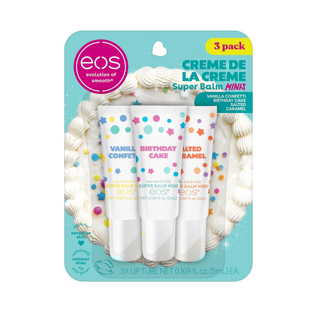Packaging of eos lip balm minis with three different flavors on a white background