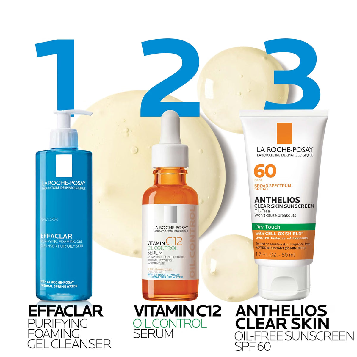 La Roche-Posay skincare products with labeled steps on a white background