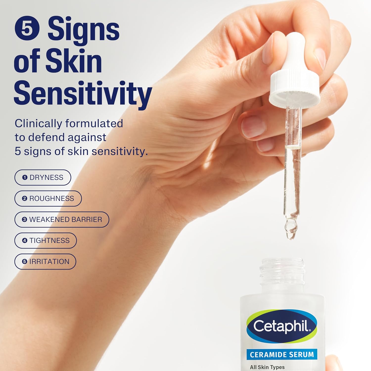 Hand holding a Cetaphil serum bottle with text about skin sensitivity and product features.