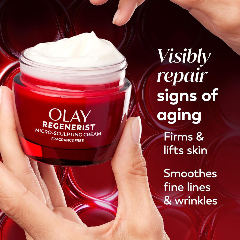 Olay Regenerist cream jar held by hands with promotional text on a red background