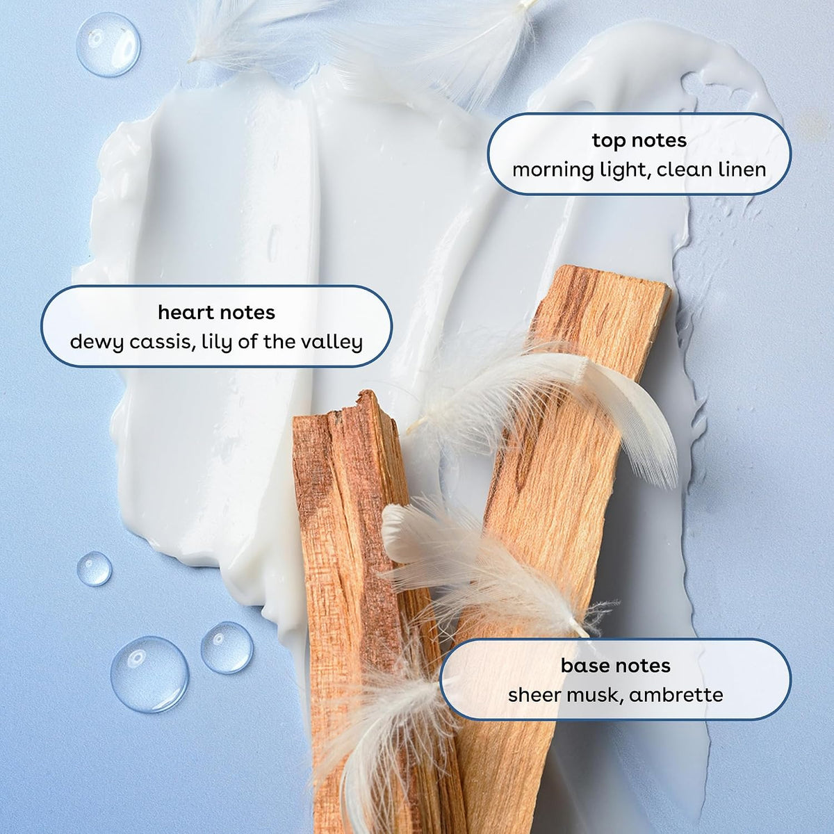 A styled fragrance note graphic on a pale blue background with white cream, feather strands, and two wood chips. Text labels identify top notes as 'morning light, clean linen,' heart notes as 'dewy cassis, lily of the valley,' and base notes as 'sheer musk, ambrette.
