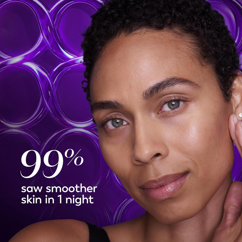 A close-up portrait of a woman with short curly dark hair against a purple graphic background with bubble-like shapes and the text '99% saw smoother skin in 1 night.' No physical product is visible.