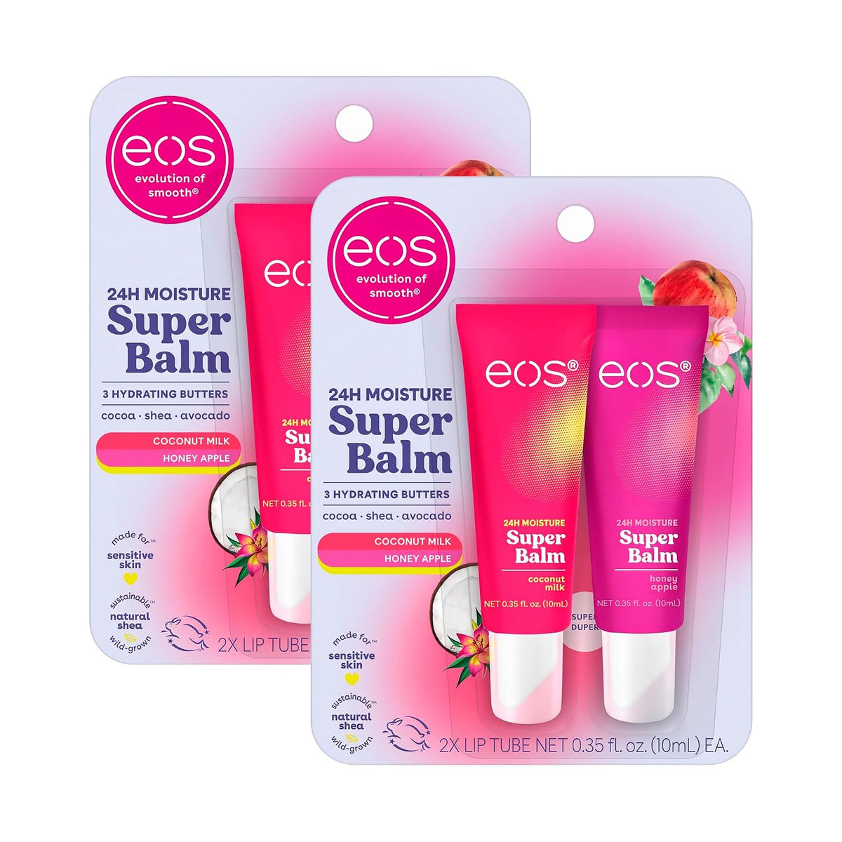 Three packages of EOS Evolution of Smoothies Super Balm lip balm tubes arranged in a fan shape on a white background. The packaging features pink and white graphics with illustrations of coconut and honey apple, and the tubes inside are pink with white caps.