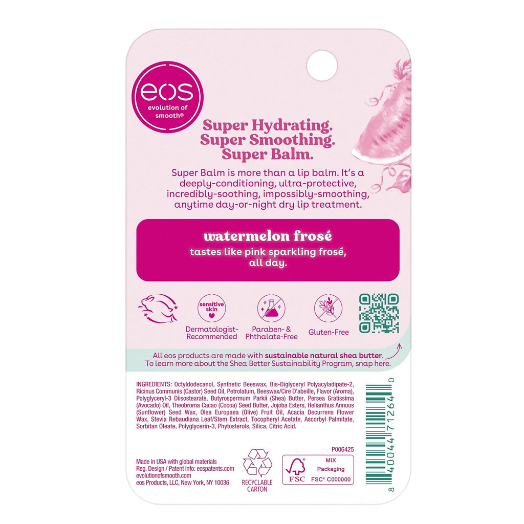 Back of an eos lip balm packaging with product details and branding.