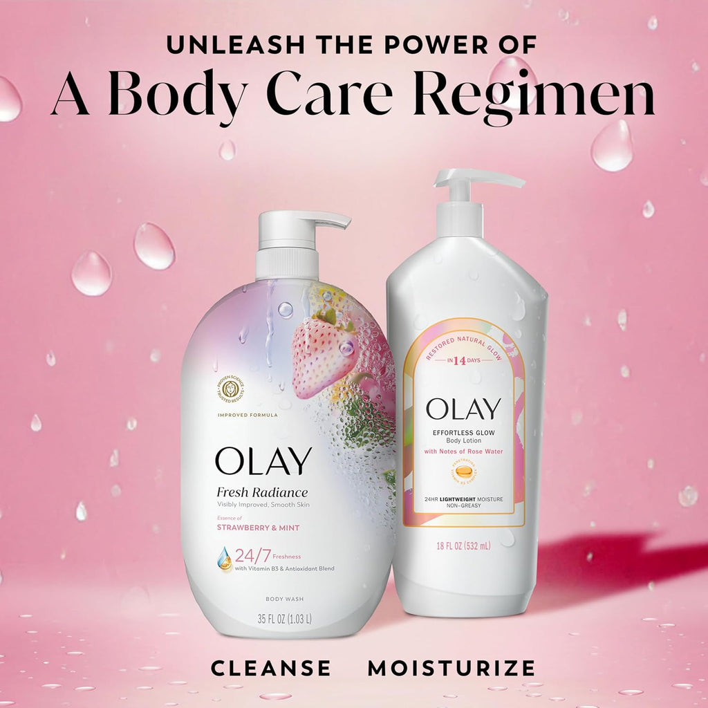 Two Olay body care products on a pink background with water droplets and the headline 'Unleash the Power of A Body Care Regimen.' The left bottle is Olay Fresh Radiance body wash in Strawberry & Mint, and the right bottle is Olay Emporio Shine body lotion.