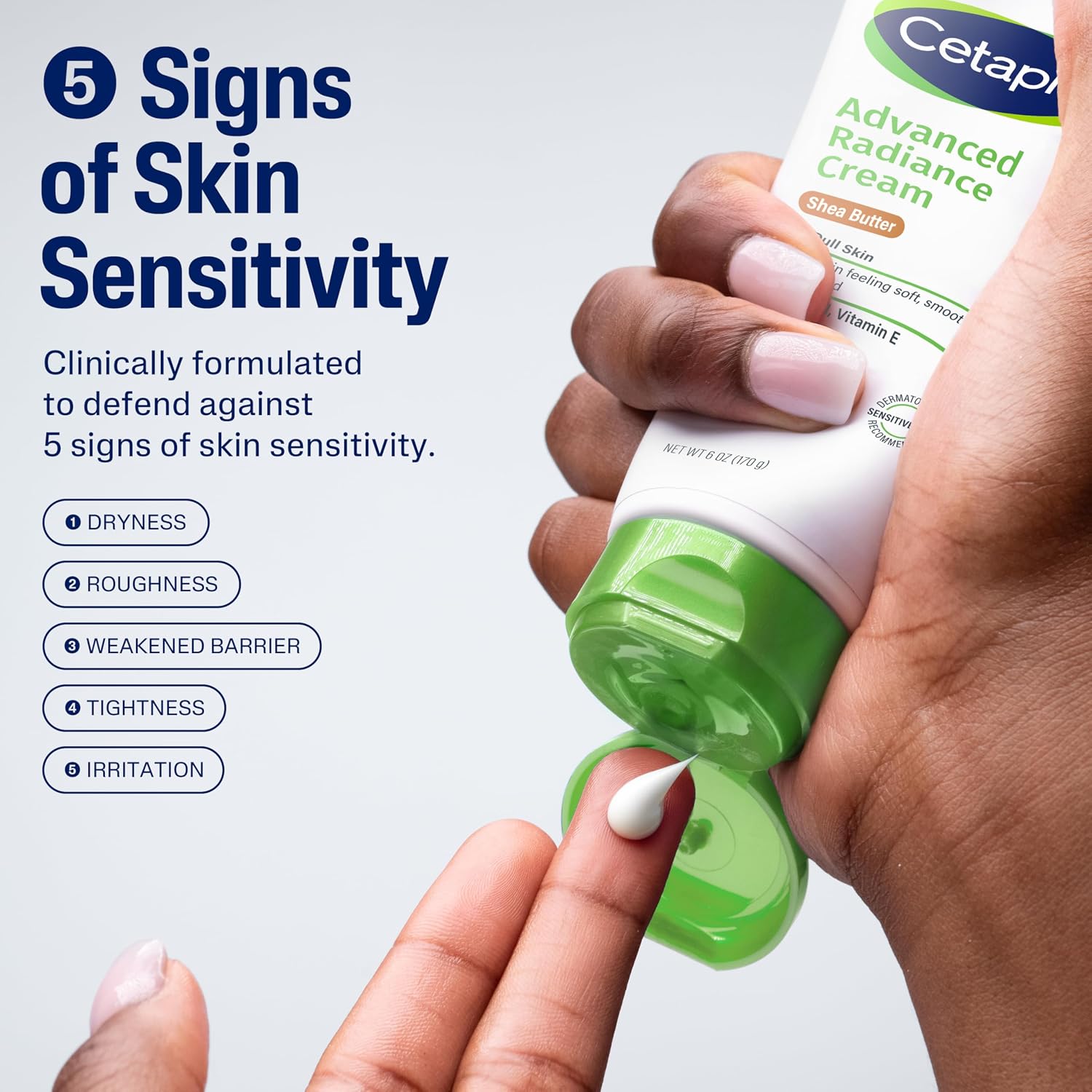 Hand holding a bottle of Cetaphil Advanced Radiance Cream with text about skin sensitivity.