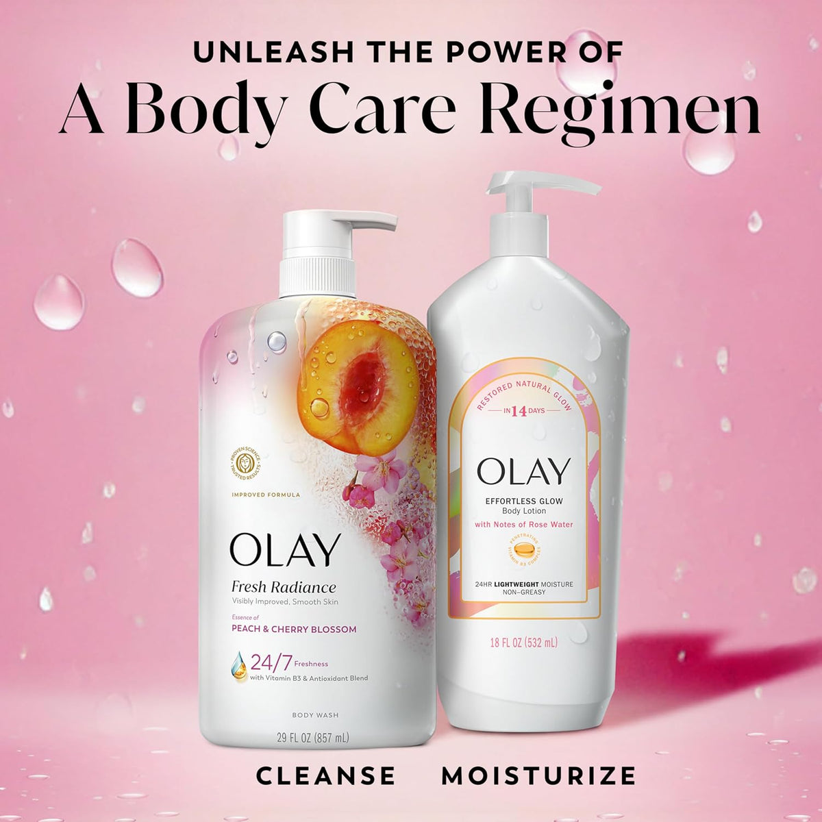 Two Olay body care products on a pink background with text about a body care regimen.