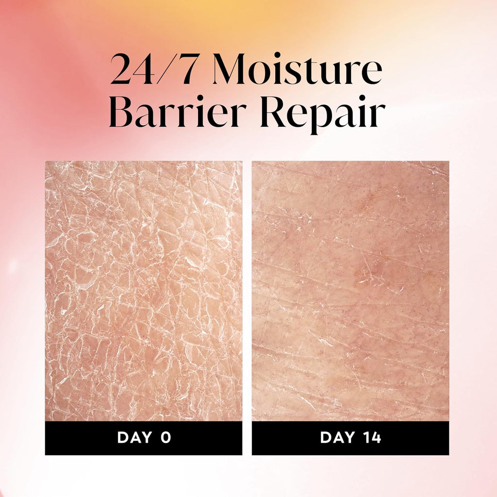 Before-and-after comparison showing skin barrier repair over 14 days, with dry, cracked skin labeled DAY 0 and smoother, repaired skin labeled DAY 14 under the text '24/7 Moisture Barrier Repair'.