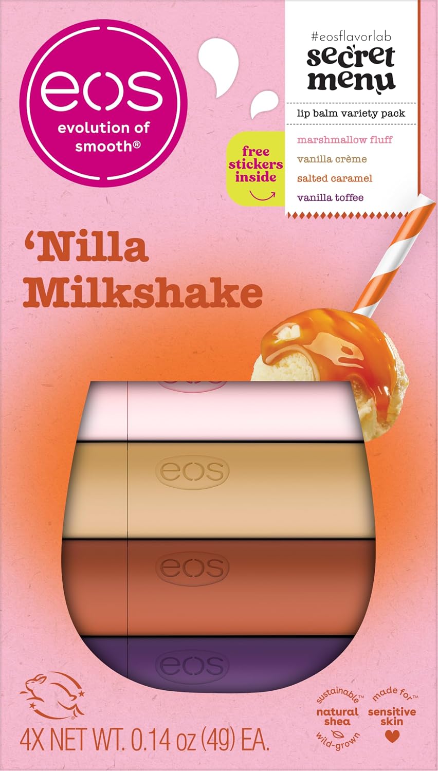 EOS Nilla Milkshake lip balm variety pack on an orange background