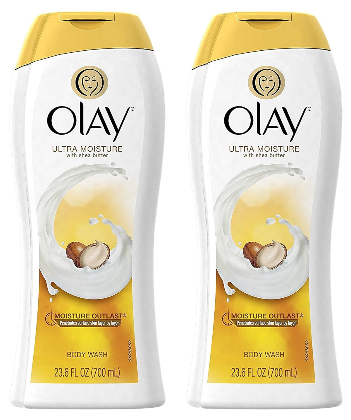 Two bottles of Olay Ultra Moisture body wash with shea butter on a white background.