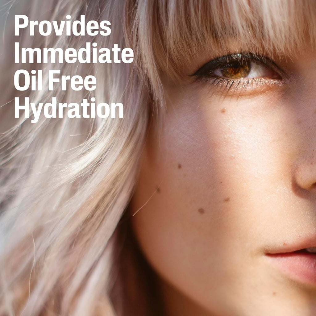 Close-up of a person's face with text 'Provides Immediate Oil Free Hydration' on a neutral background