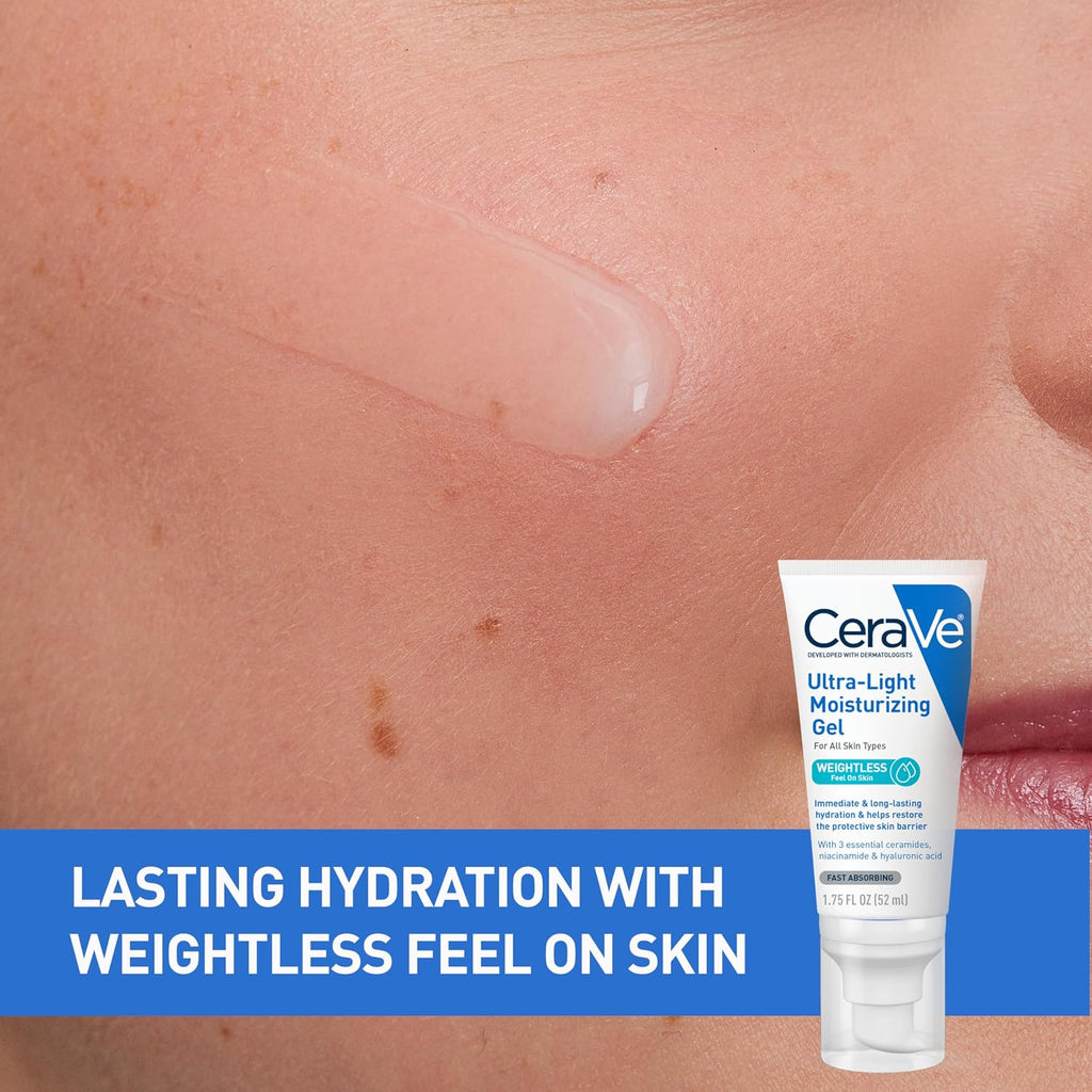 CeraVe moisturizing gel applied to skin with text highlighting hydration benefits