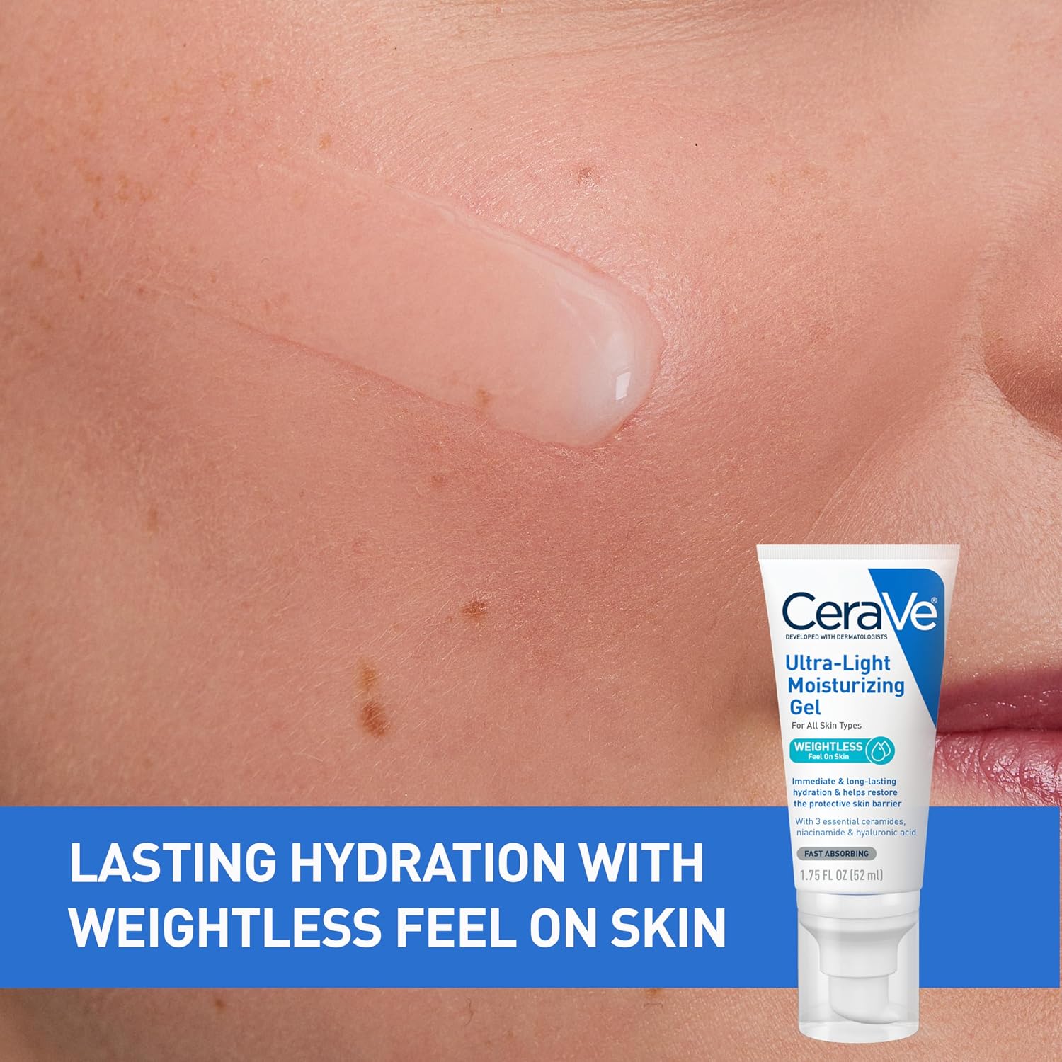 CeraVe moisturizing gel applied to skin with text highlighting hydration benefits