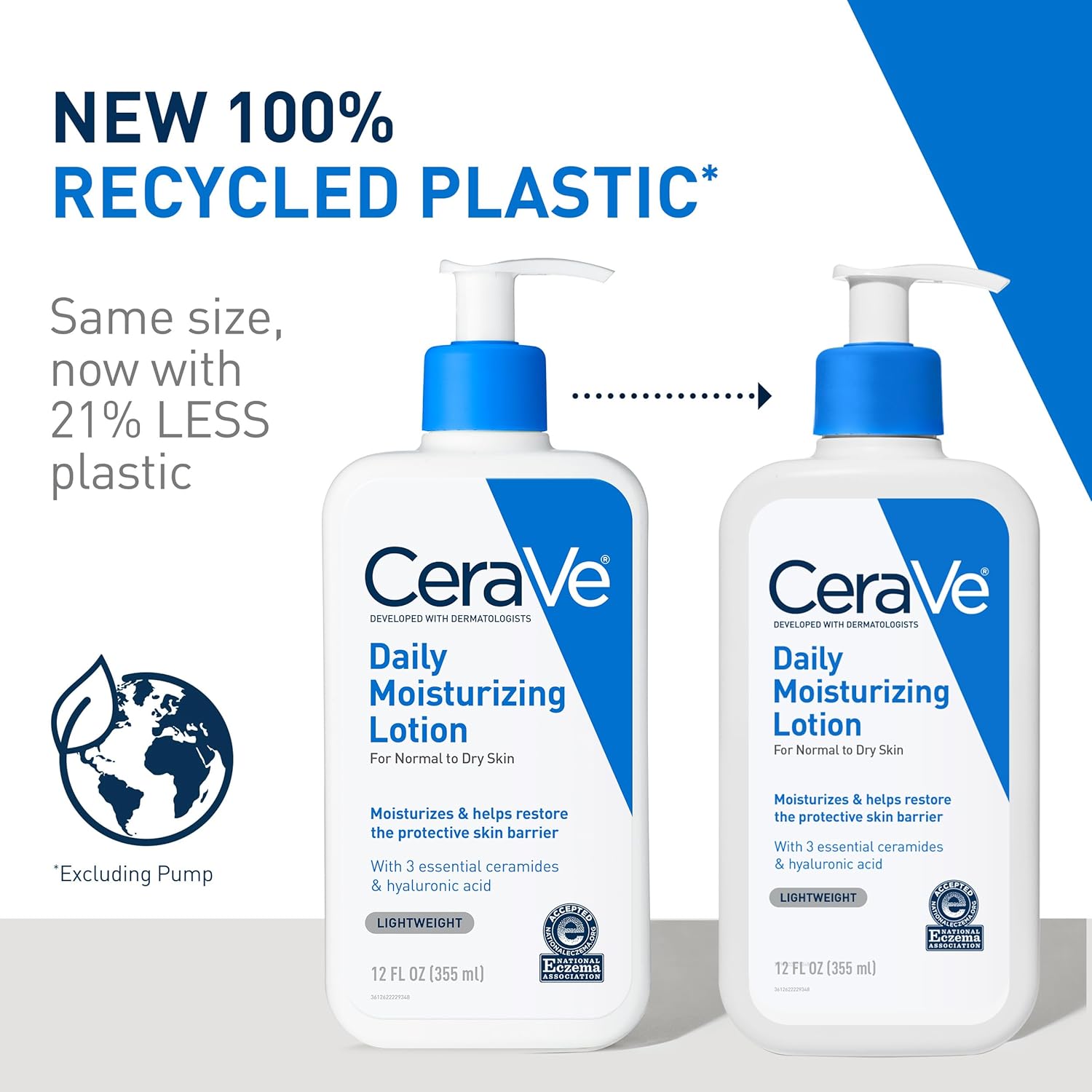 Two bottles of CeraVe Daily Moisturizing Lotion with recycled plastic packaging on a white background.