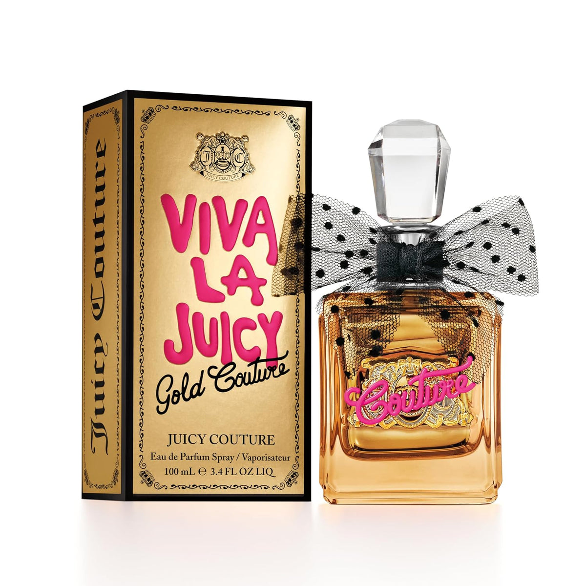 Juicy Couture Viva La Juicy Gold Couture perfume bottle and its packaging box. The bottle is filled with golden-amber liquid, decorated with a black and white polka dot bow, and features a clear faceted cap.