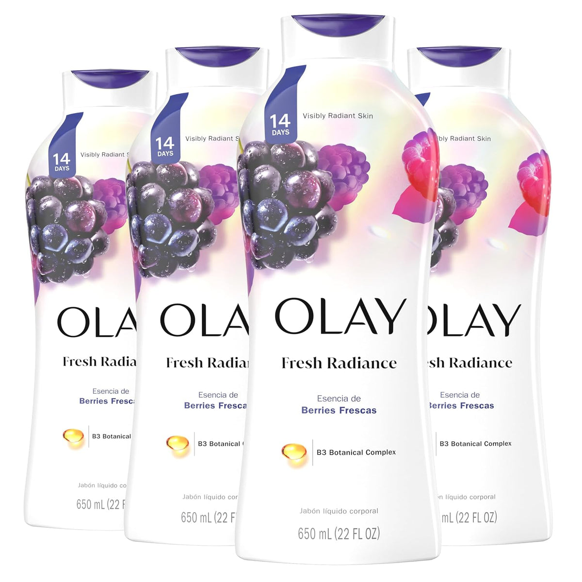 Four Olay Fresh Radiance skincare products with berry graphics on a white background