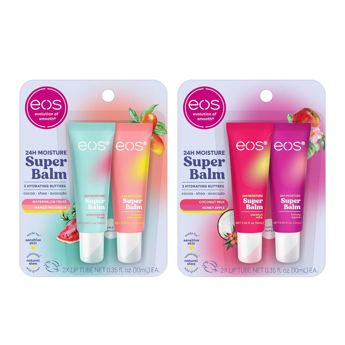 Two packages of EOS Super Balm 24H Moisture lip balm sets, each containing two tubes. The left set features a mint green and orange gradient balm tube, and the right set features a pink and orange gradient balm tube.