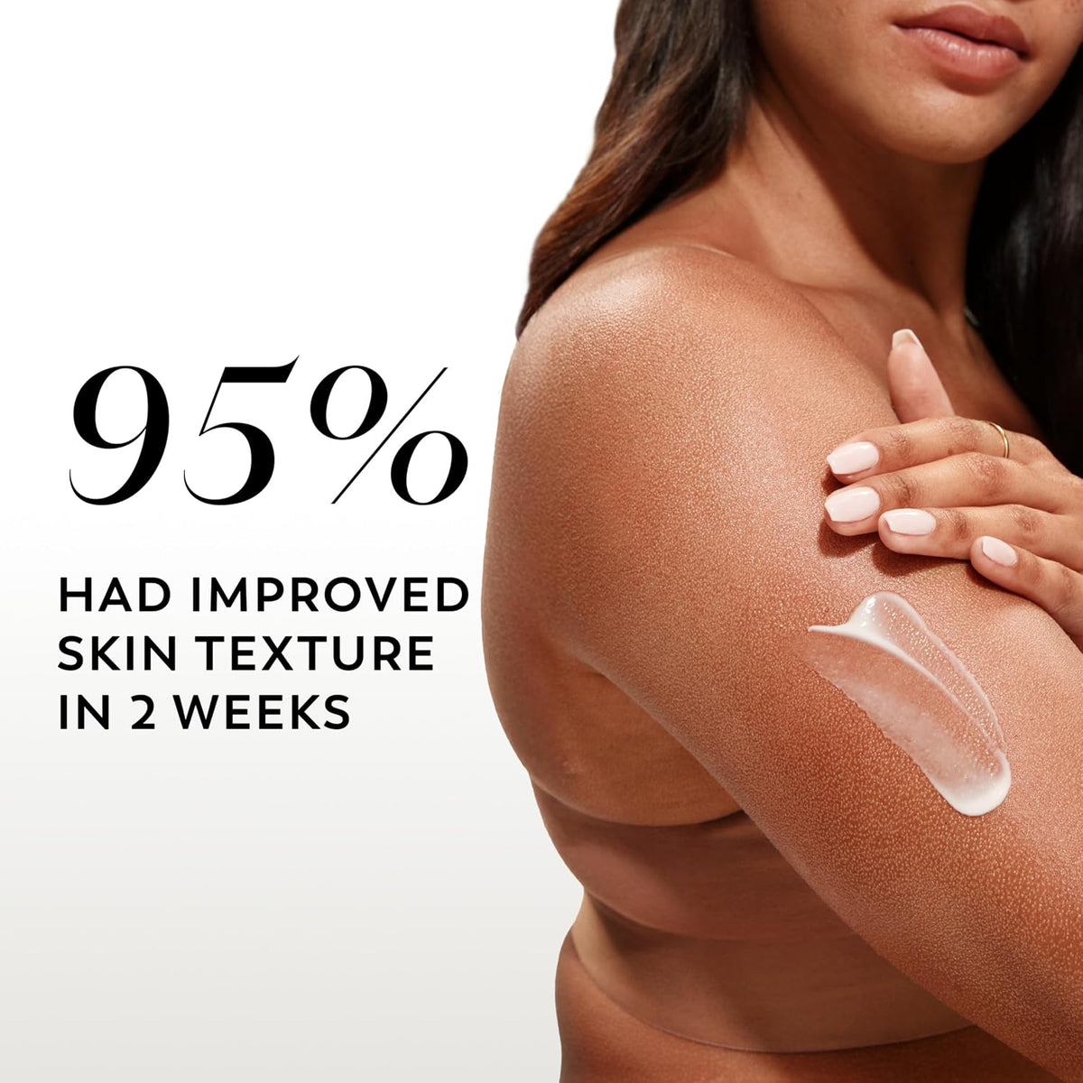 Woman applying a skincare product with text about improved skin texture.