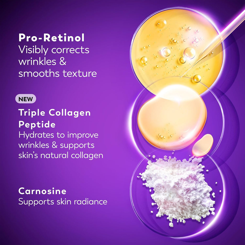 Cosmetic product with ingredients and benefits on a purple background