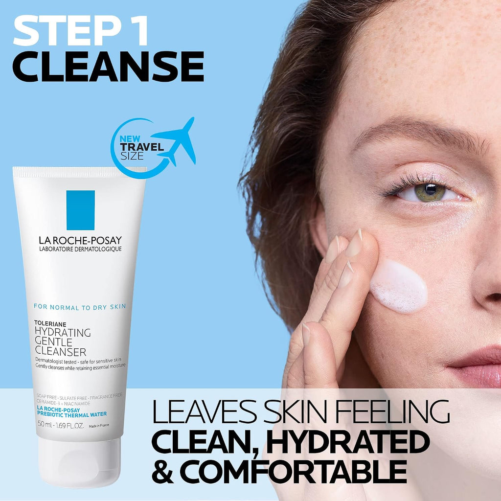 La Roche-Posay cleanser with a woman applying it to her face on a blue background