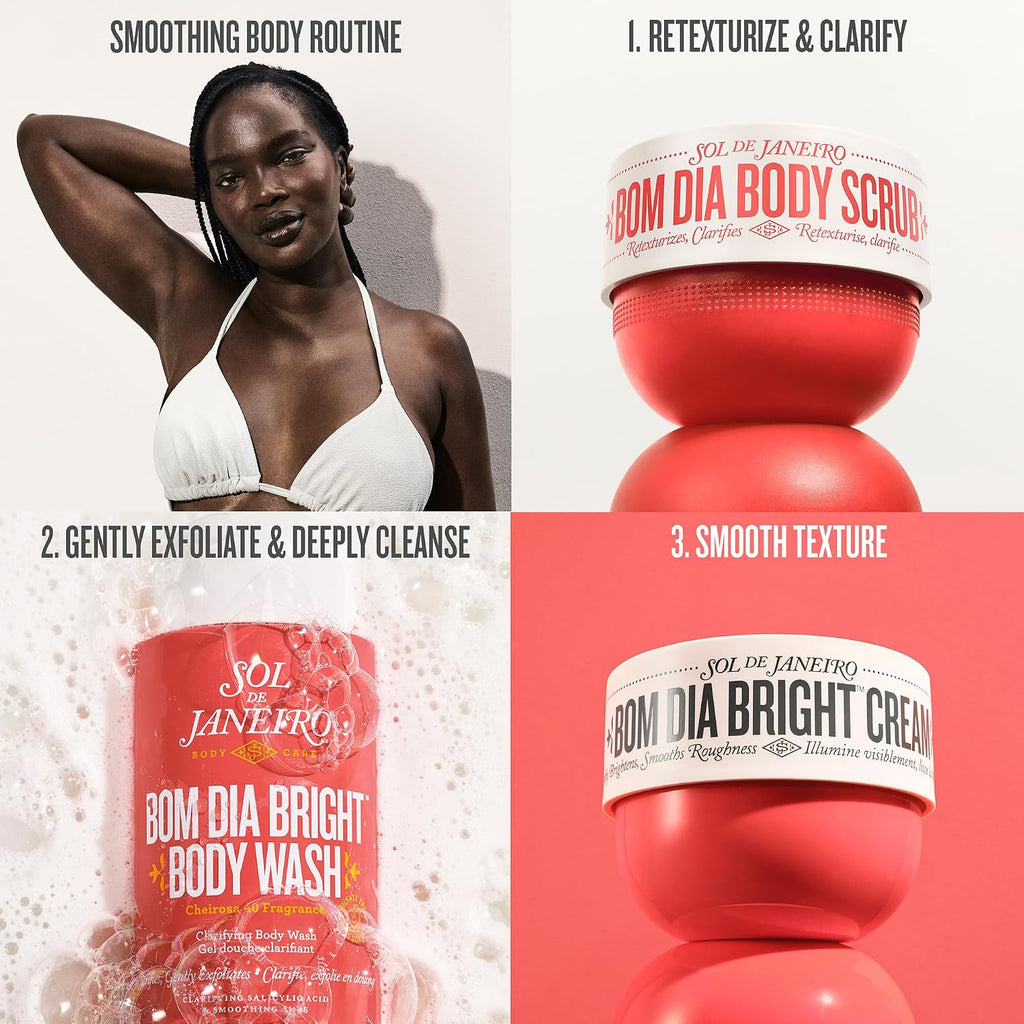 Cosmetic products with branding and text on a white background